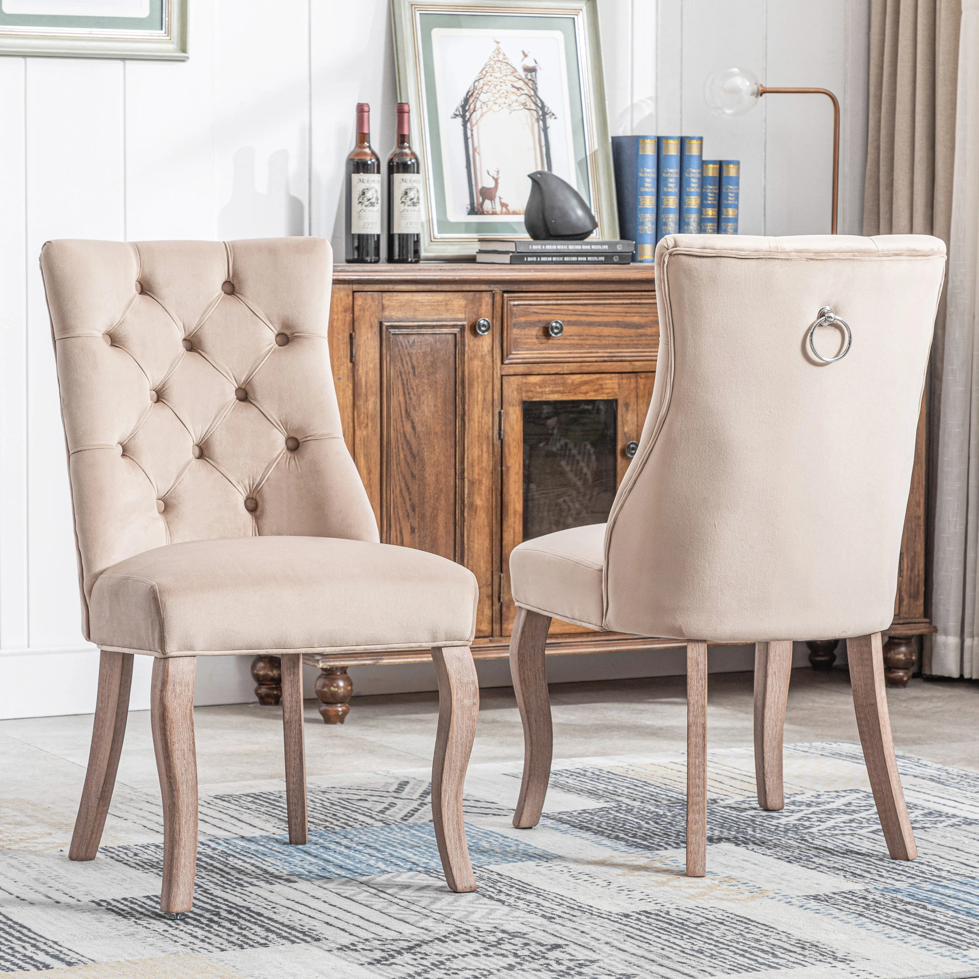 1 Pair of Elegant 4-foot Chair, Beige Velvet Dining Chair, High Backrest, With Button Padding, Solid Wood Frame, Beige