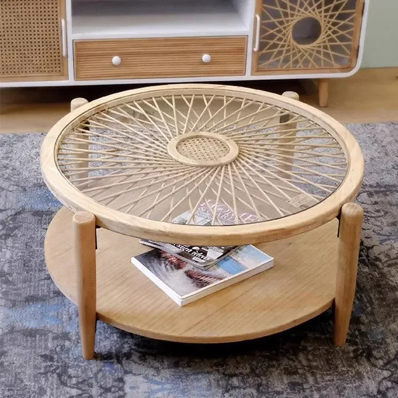 Solid wood Japanese handmade rattan circular design coffee table master design household simple sofa side pastoral table