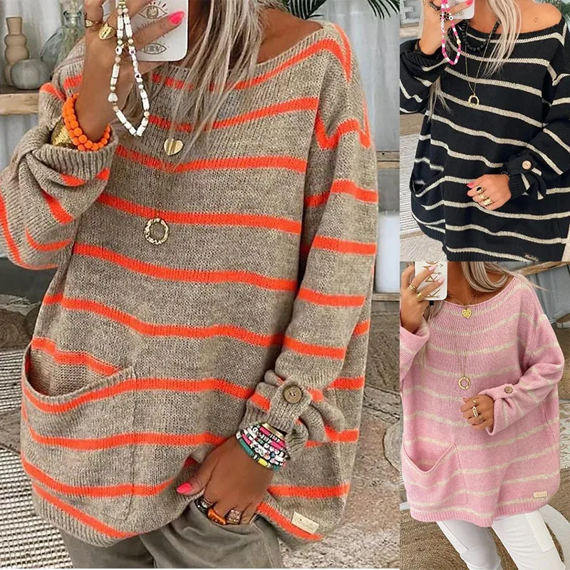 

Fall/Winter 2025 Korean Soft Waxy Knitted Stripes Contrast Round Neck Long Sleeve Loose Pocket Women's Fashion Sweater