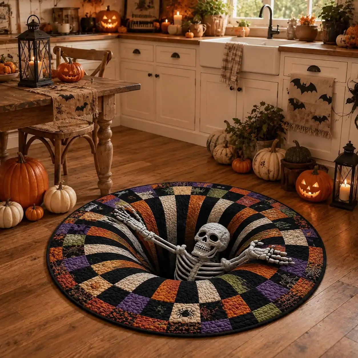 3D Skeleton Halloween Vortex Rug Orange Purple Checkered Spooky Floor Decor