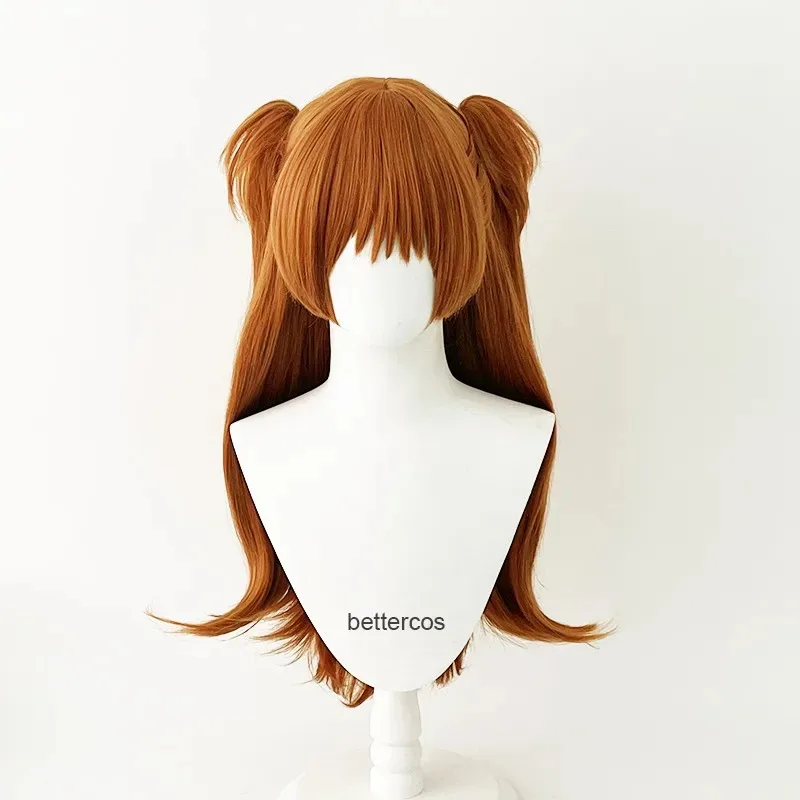 Pelucas de Cosplay EVA Asuka Langley Soryu de alta calidad, largas naranjas con 2 Clips de cola de caballo, peluca de pelo sintético resistente al calor, gorro de peluca