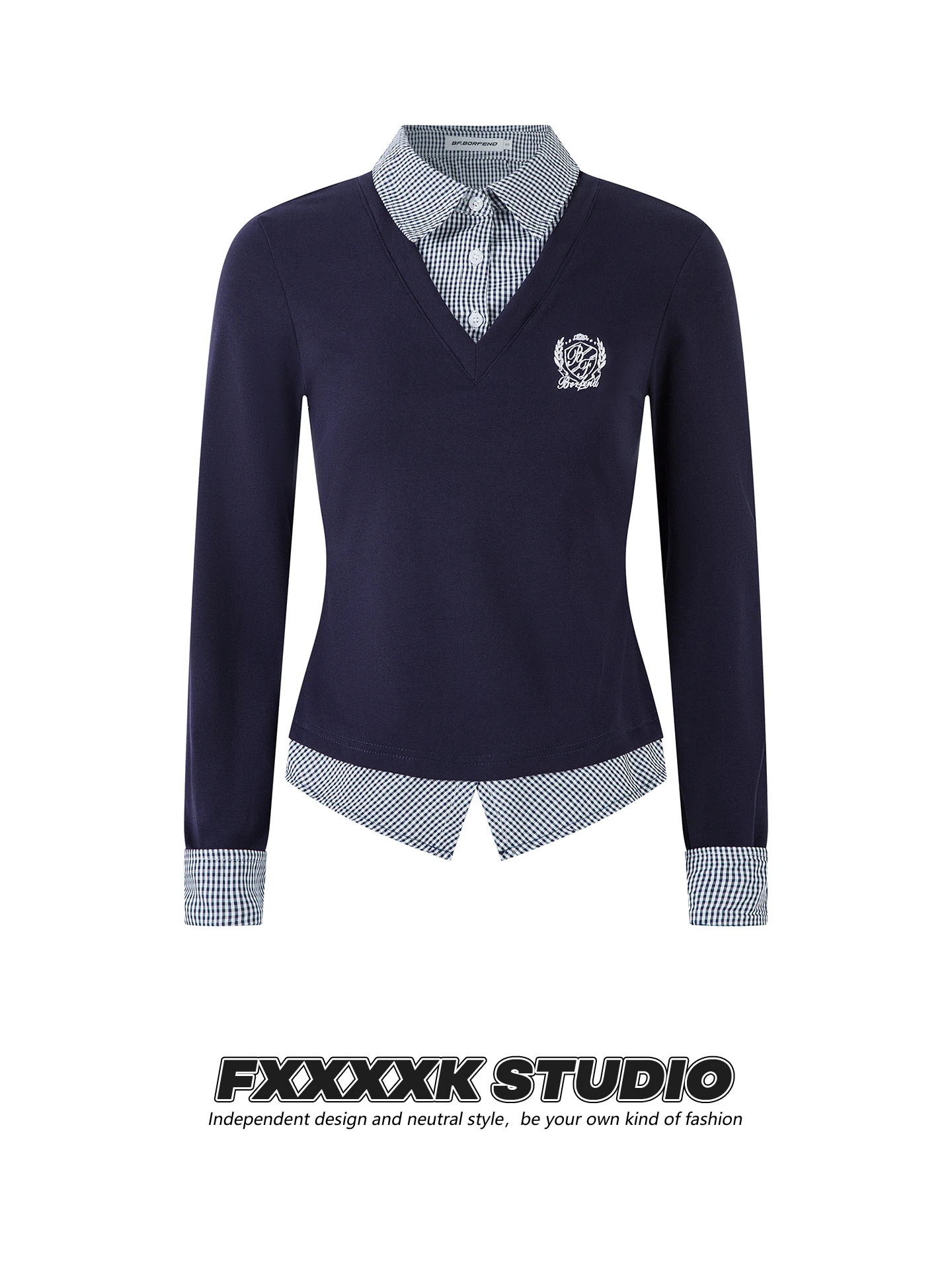 

Женская футболка FXK в стиле преппи с клетчатыми вставками, удлиненная, приталенная, для формального и повседневного образа, осенняя, уличная, из полиэфирного волокна