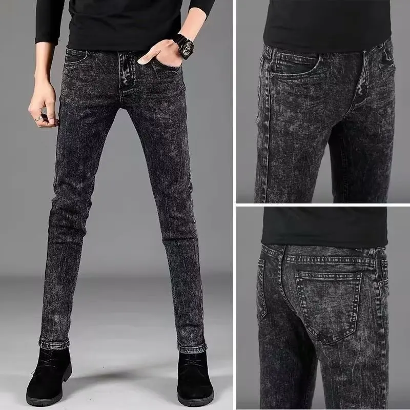 

Men's Slim Fit Jeans Spring Summer Thin Versatile Snowflake Bla Elastic Ankle-Length Pants Korean Trendy Youth Casual Jeans