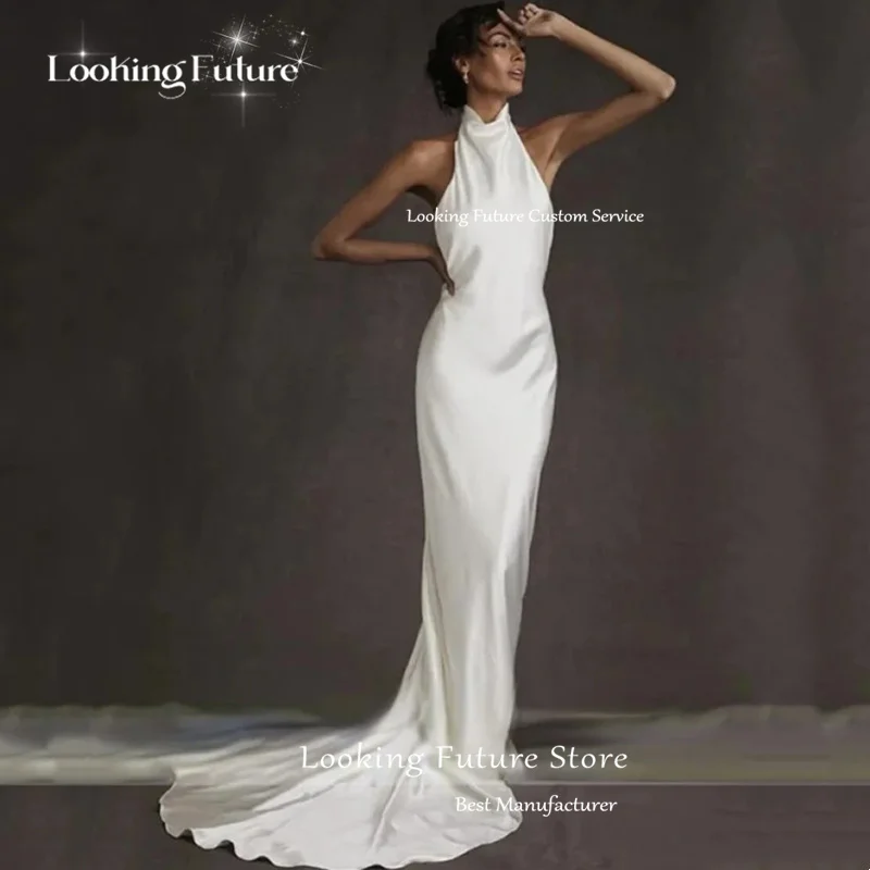 Customized Simple Mermaid White Wedding Dress Sexy Backless Bridal Halter Sleeveless Gown Vestido Elegant Floor-Length 2025