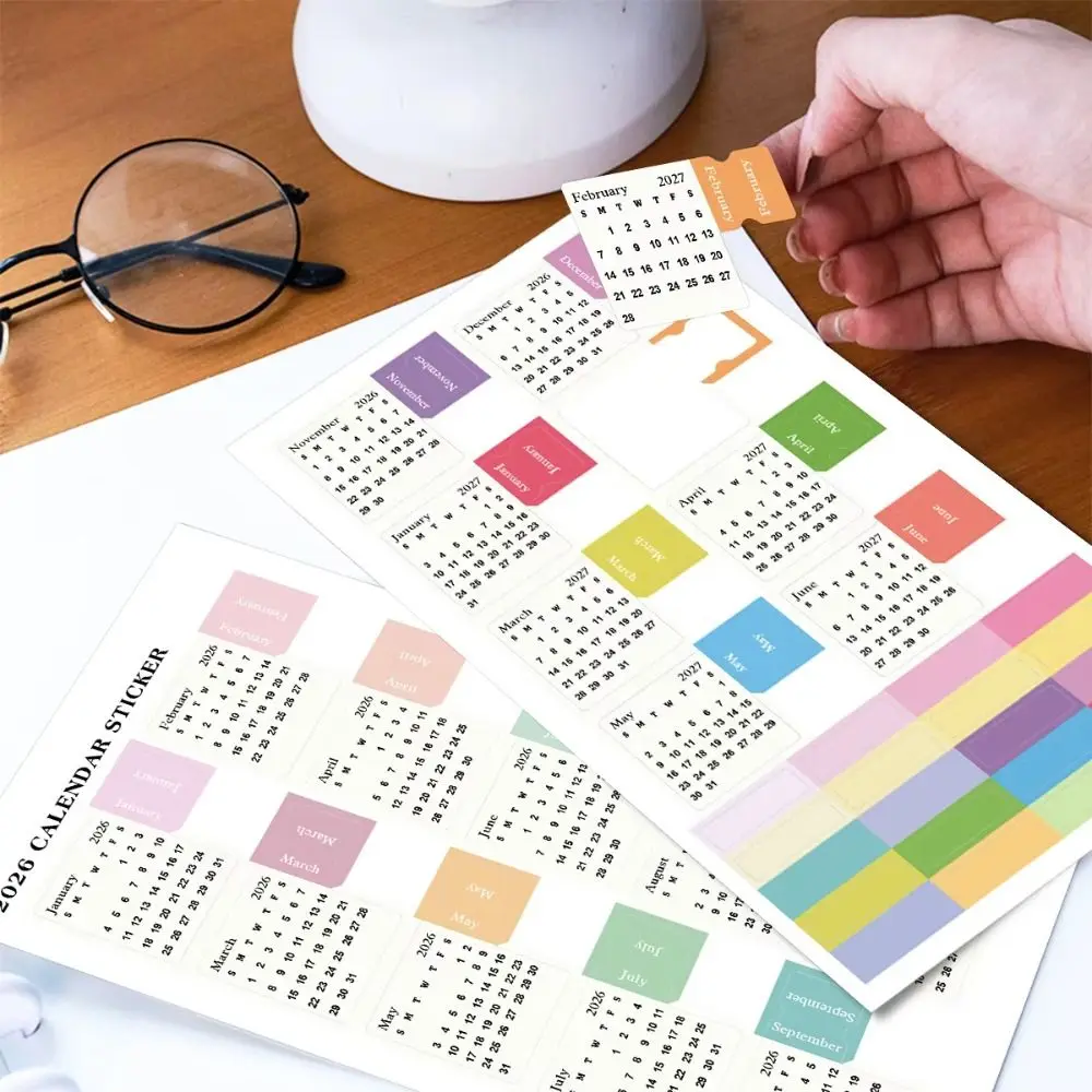 

Diy Scrapbook 2026 Calendar Stickers 2 Sheets Self-adhesive Divider Index Tabs Simple Cartoon Monthly Planner Stickers