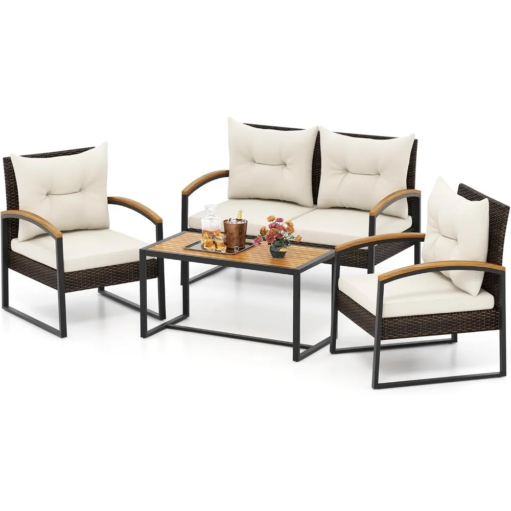 

4 Piece Patio Conversation Set, with Heavy Duty Solid Acacia Wood Armrests & Tabletop, Outdoor Cushioned Wicker Furniture Set f
