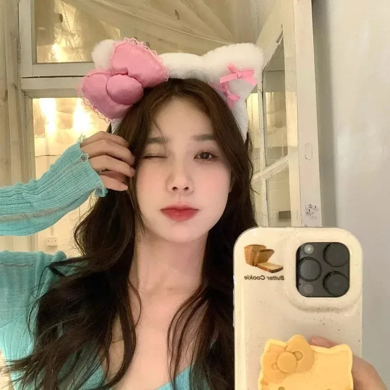 1-8Pcs Hair Band with Bow Cute Cat Ear Hair Band for Girls Wash Face Make-up and Mask Application Non-slip Headband