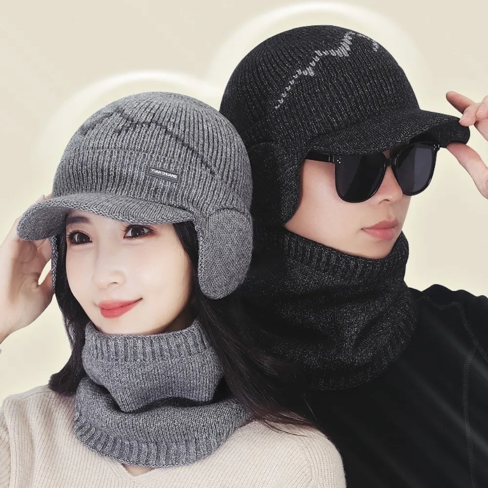 2Pcs Set Windproof Knitted Hat Neck Gaiter Thicken Plush Sheep Wool Scarf Warm Simple Winter Autumn Hat with Earflap Couple