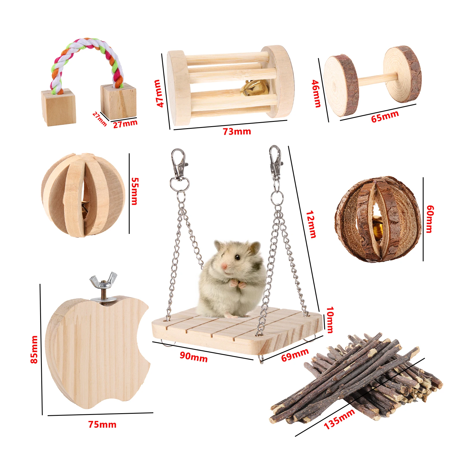 Hamster Roller Toys Natural Wooden Pine Dumbells Unicycle Bell Chew Toys Set bird Rabbit Guinea Pigs Small Pet Molars Supplies