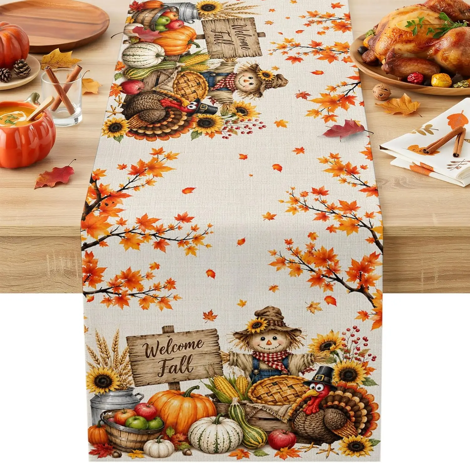 Fall Pumpkin Turkey Maple Leaf Table Runner Party Decor Reusable Kitchen Dining Table Runner Autumn Thanksgiving Decorations