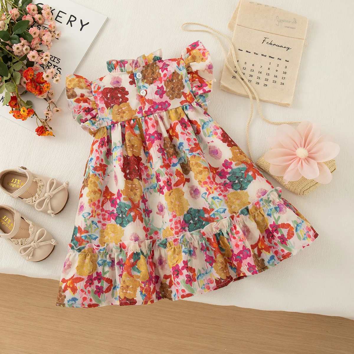 Summer New Flower Ruffled Sleeve Baby Girl Dress, Sweet And Cute Children'S Clothes Free Package (6 Months -3 Years Old)