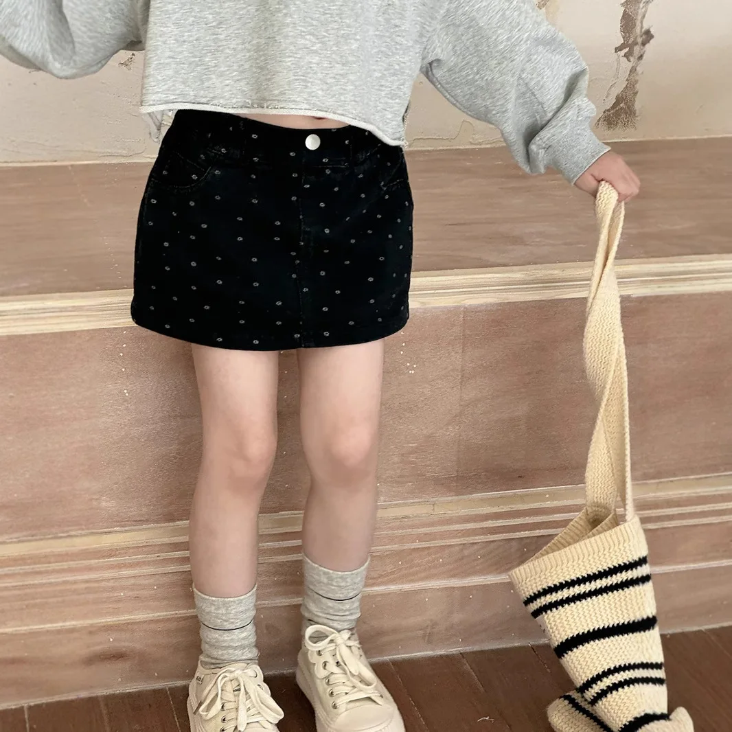 2025 Spring Summer New Children's Clothing Girls' Floral Black Cowboy Skirt Baby High Waist Bag Hip Short Skirt Half Body Skirt