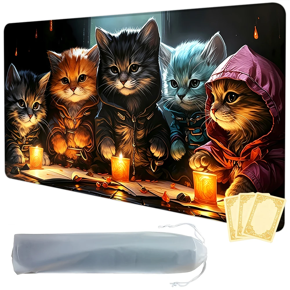 Magical Cat Party TCG Playmat Magic Playmat Gathering Gaming Mat with Stitched Edge Anti-slip base 60X35cm Trading Card Game