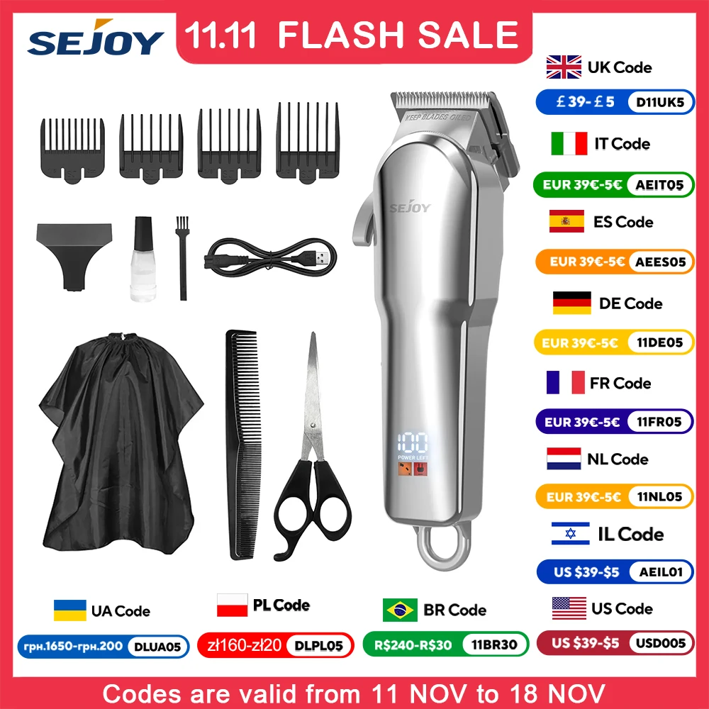 Sejoy Professional Hair Cutting Machine Hair Cutting Kit Cordless Barber Clipper Set with LED Display Hair Clippers for Men