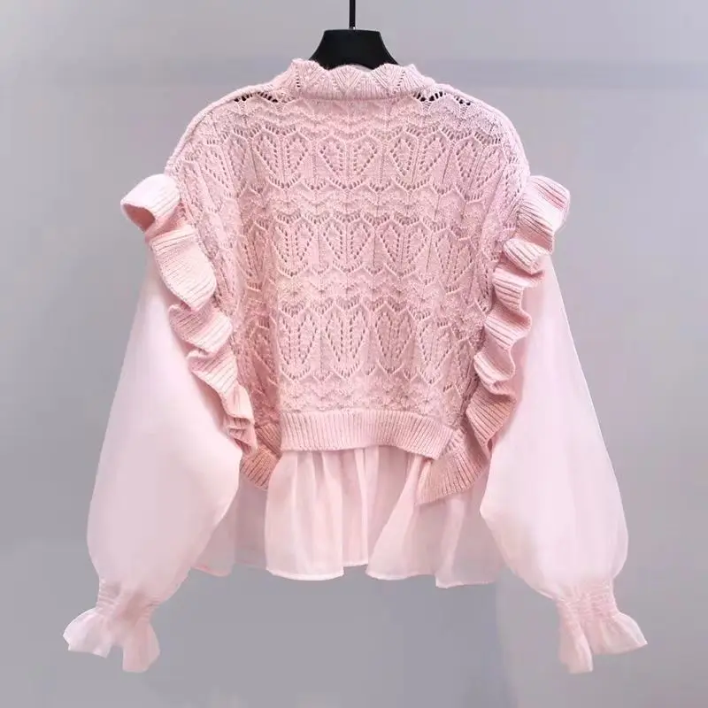 Women Sweater Fashion Patchwork Lace Ruffles Knitwear Korean Hollow Out Y2K Tops 2024 Spring Autumn Woman Swaters Pullover U1011