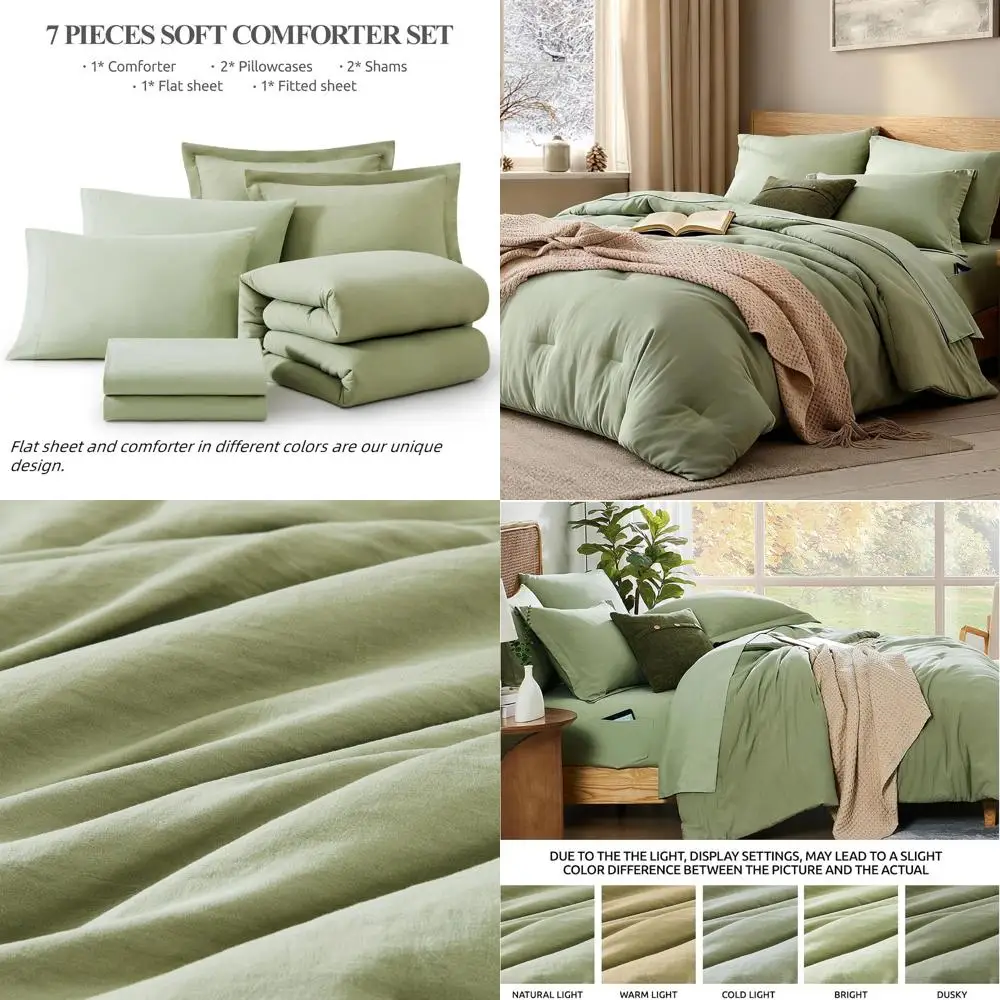 

Sage Green Queen Comforter Set - 7-Piece Bedding Ensemble with Sheet, Lat Sheet, Pillow Shams & Cases
