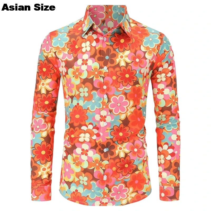 2025 New New Men's Vintage 80s Hip Hop Flower Outfit Vintage Print Long Sleeve Shirt Festival Carnival Disco Party Costume Tops