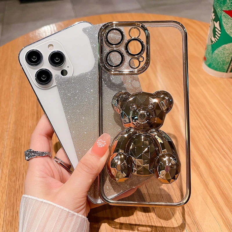 

Чехол для мобильных телефонов IPhone 14 Pro Max, защитный чехол для IPhone 13 Pro Max, градиентный блестящий чехол с блестками и кристаллами в виде медведя