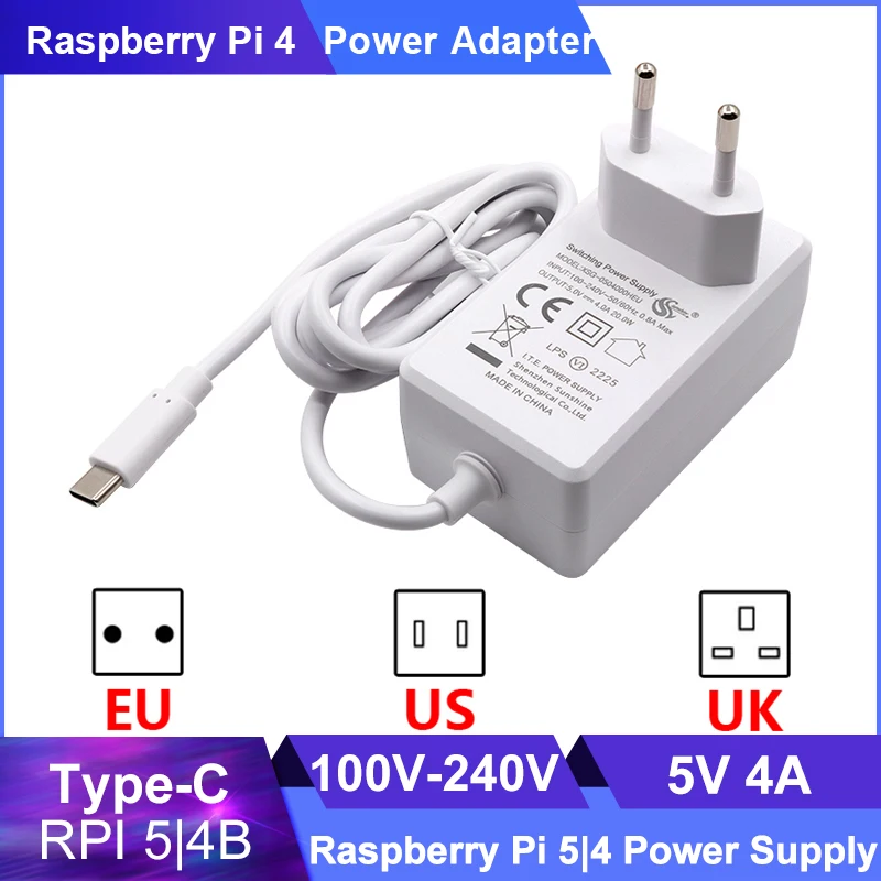 5V 4A Raspberry Pi 4 B Power Adapter 100V-240V Type-C Power Supply High Quality EU US UK Plug Power Charger for Raspberry Pi 5