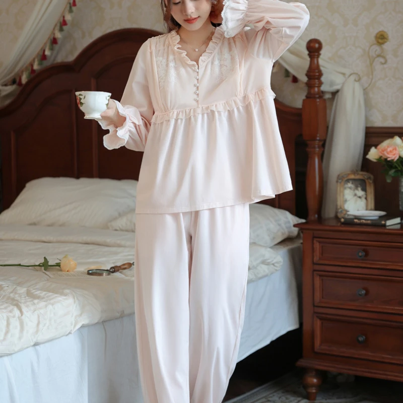 Autumn Cotton Tops Pants Loungewear Fairy Princess Sleepwear Vintage Long Sleeve Pajamas Women Sweet Lace Round Neck Pajama Sets