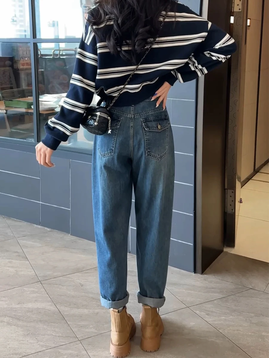 

Большие размеры, синие женские джинсы в стиле Харадзюку с высокой талией, весенне-осенние свободные брюки с прямыми штанинами для папы и морковки, повседневные джинсовые брюки с заниженной талией