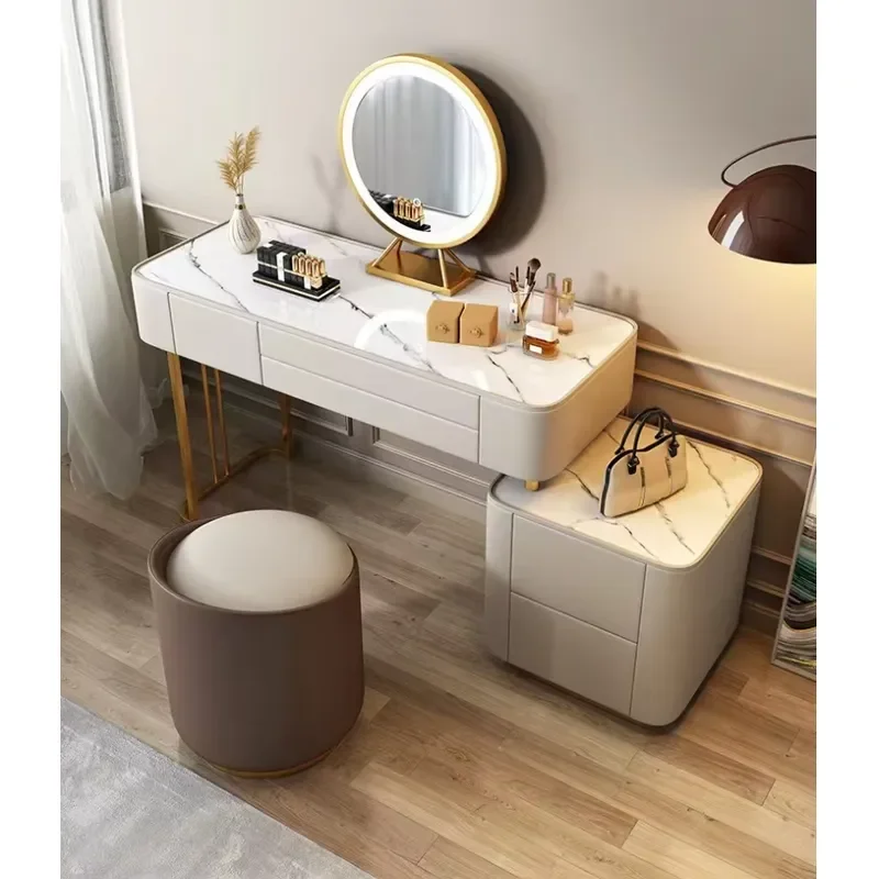 Modern Solid Wood Dressing Table with Glass Top Leather Cover Bedroom Storage Cabinet Dressing Table with Mirror