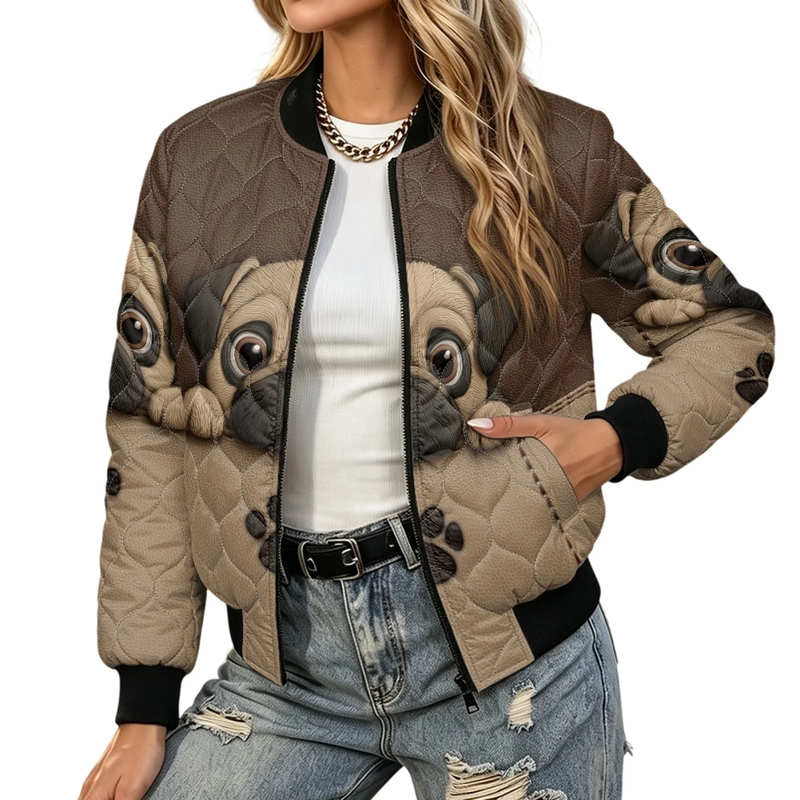 PENSTROLL Pug in Pocket Art Womens Fall Lightweight Quilted Padded Outer Coat Comfortable Warm Coat for Commuting