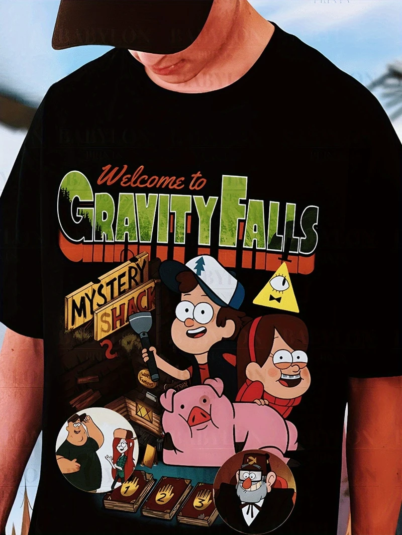 تي شيرت Disney Gravity Falls Mystery Shack Design 100% قطن برقبة دائرية للرجال "مرحبًا بكم في Gravity Falls" جرافيك، كم قصير
