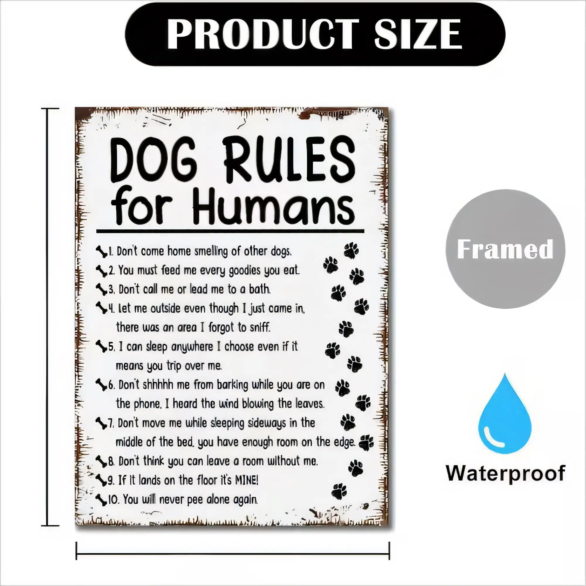 Tin Sign “Dog Rules for Humans” Vintage Metal Plaque Wall Art for Dog Lovers, Rustic Farmhouse Dog Paw Print Humor Quote Sign, W