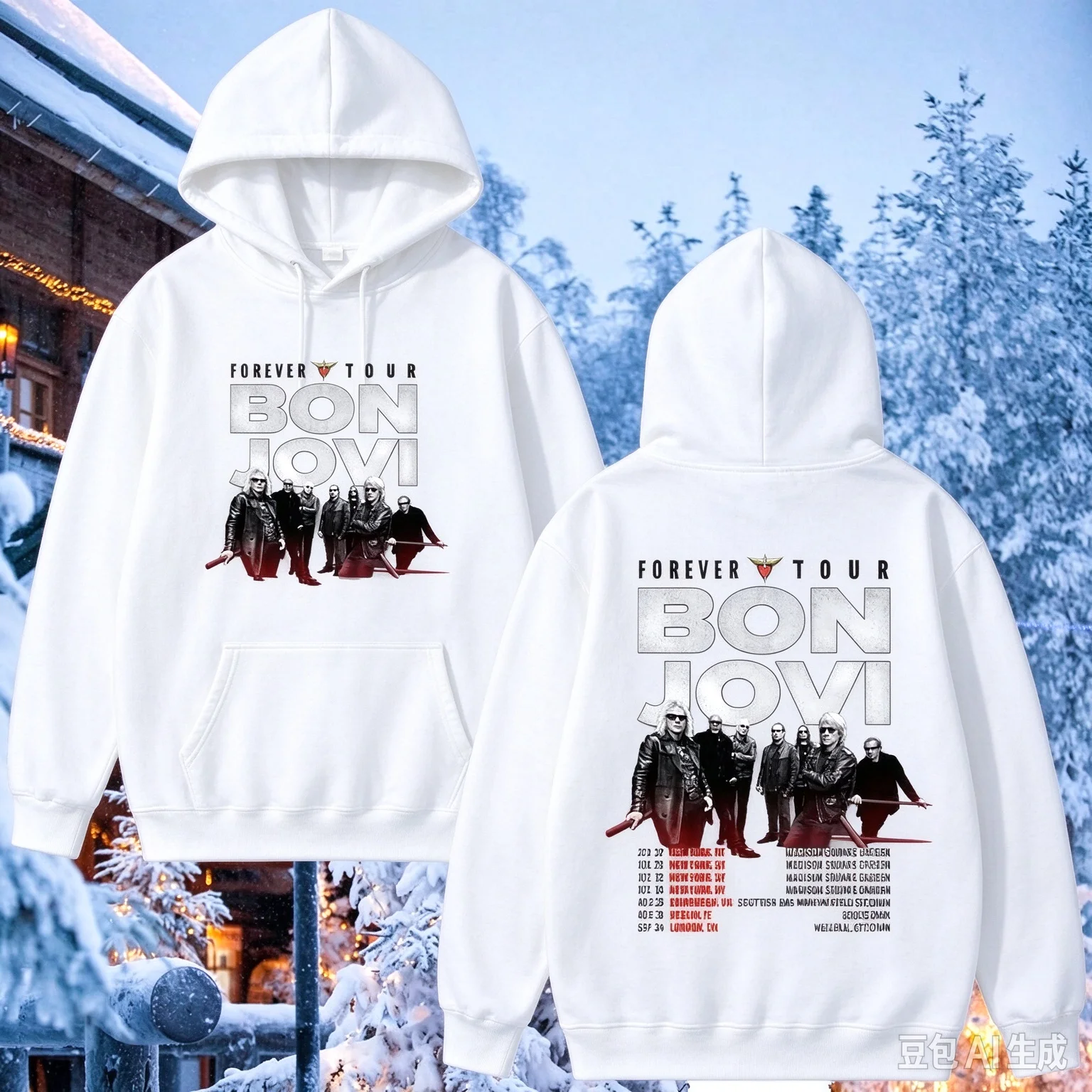 Bon Jovi Forever Tour Double Sided Hoodie Vintage Band Portrait Tour Date Graphic Hooded Sweatshirt Rock Music Fan Streetwear