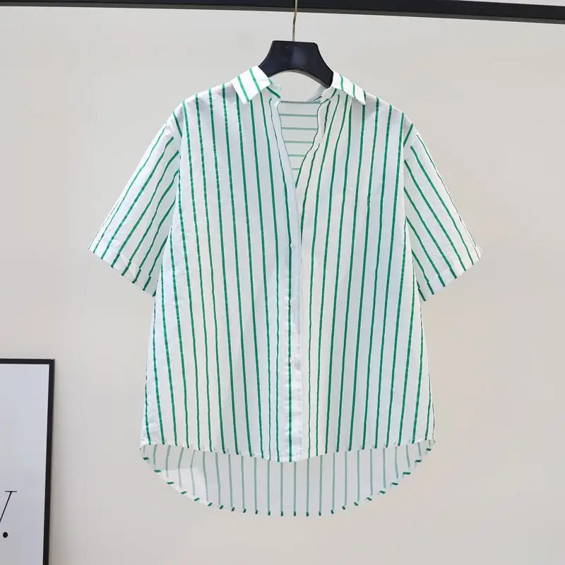 2024 Summer Commuting Casual Minimalist and Versatile Korean Version Fashionable Lapel Striped Printed Loose Short Sleeved Shirt