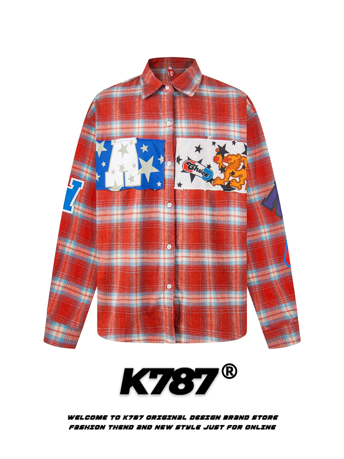 

Retro American Star Embroidery irt Loose Fit ex Couples Long Sve Cotton Casual Faion Street Sle Button up