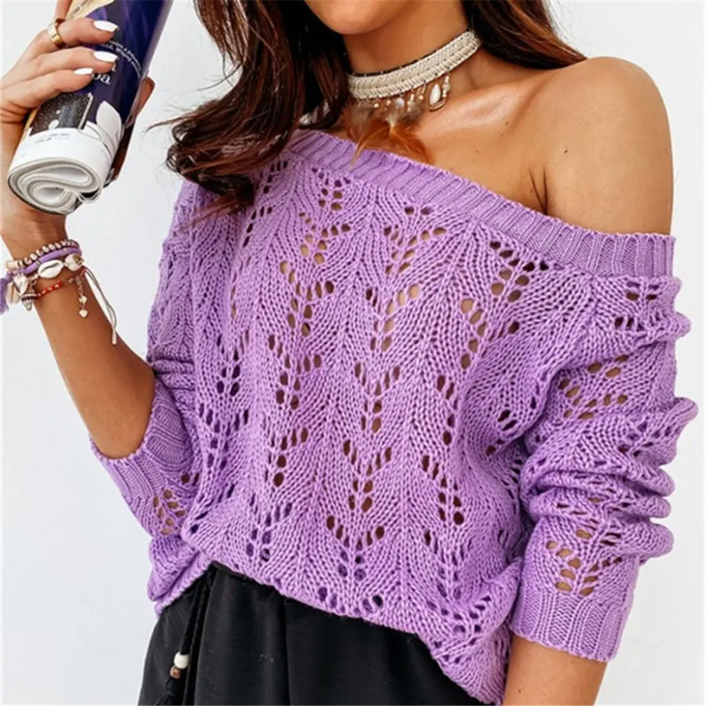 

Women's Autumn Winter Irregular Sleeve Sweater Solid Color Pullover Hollow Design European American Style Lazy Wind Knitwear