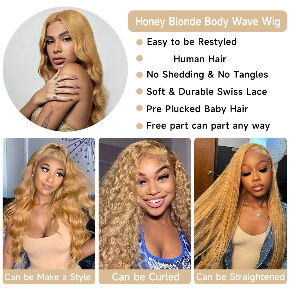 Honey Blonde 13x6 HD Lace Front Human Hair Wig 210% Density Body Wave Human Hair Wigs Colored 27# Pre Plucked Brazilian Hair image 6