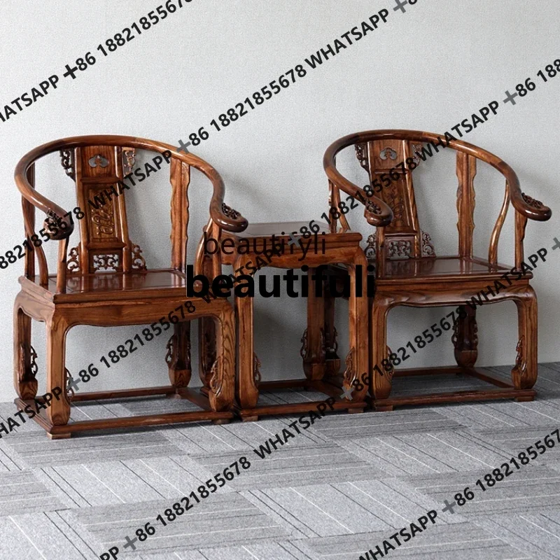 

In Chinese Antique Style Taishi Solid Wood round-Backed Armchair 3-Piece Elm Furniture Living Room Offical Hat ChairCoffee Table