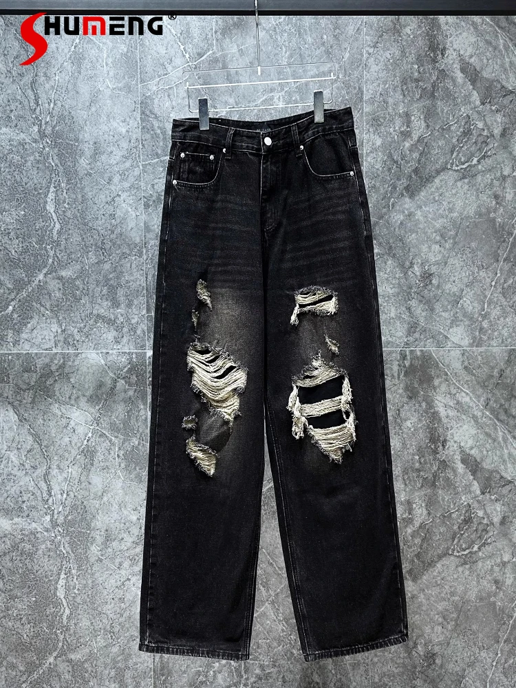 

Men's 2025 Autumn New American Style Retro Hole Jeans Trendy Loose Wide-Leg Straight Denim Trousers High Street Chic Denim Pants