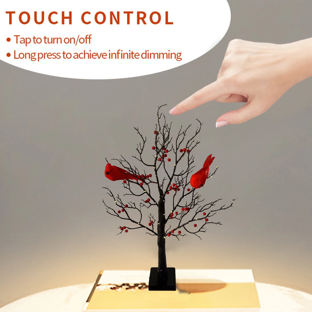شجرة صغيرة مضاءة شجرة مع الطيور الحمراء والشجرة التوت الجدول الديكور ضوء بطارية تعمل LED الجنية الخفيفة للديكور المنزل #3