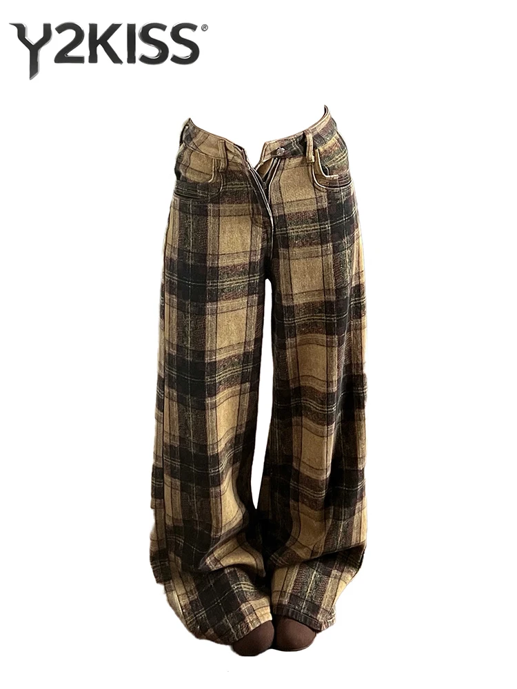 

Women's Plaid Jean Wide Fit Denim Pants Grunge Y2k High Street Punk American Retro Cowboy Japanese Harajuku Long Trousers New