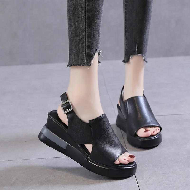 Summer Wedge Shoes for Women Sandals Solid Color Open Toe High Heels Casual Ladies Buckle Strap Fashion Female Sandalias Mujer