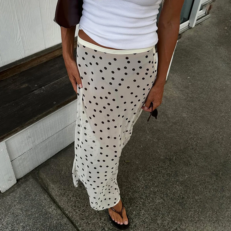 Summer Polka Dot See Through Skirts Women Printed High Waist Long Skirts Beach Party Vacation Women's Loose Sheer Sexy Skirts