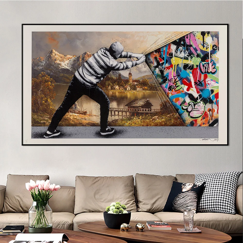 

Behind The Wall Painting Vintage Landscape Graffiti Art Canvas Poster Print Abstract Picture for Living Room Home Decor Cuadros