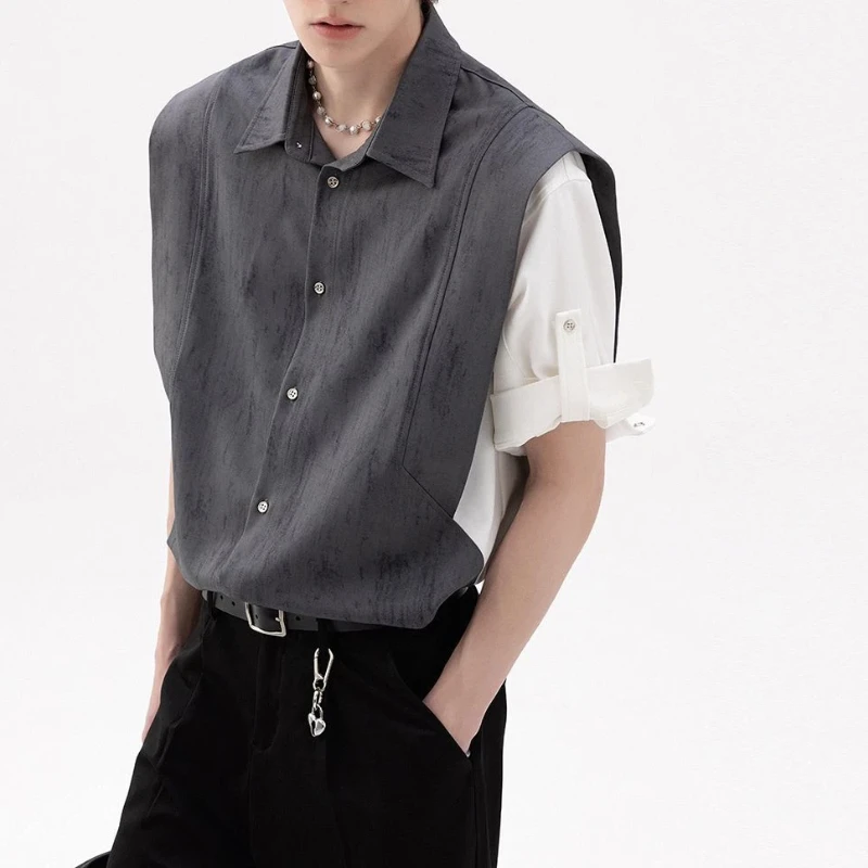 Men Vintage Texture Color Block Spliced Loose Short Sleeve Shirt Summer Casual Design Shirts