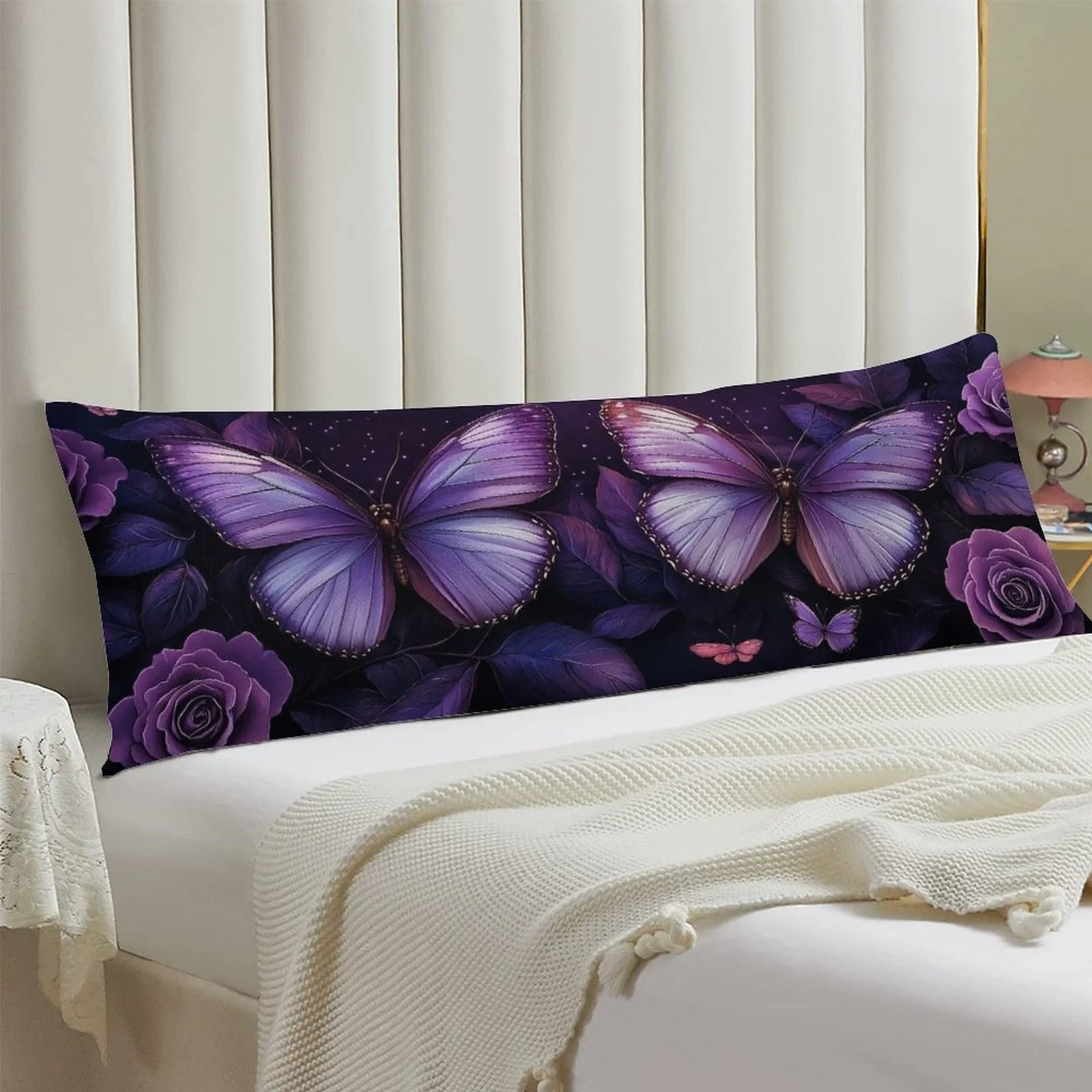 Purple Butterfly Rose Pattern Pillowcase, Stylish Long Flannel Bed Pillow Cover, Soft and Comfortable Decorative Double-Sided Pr