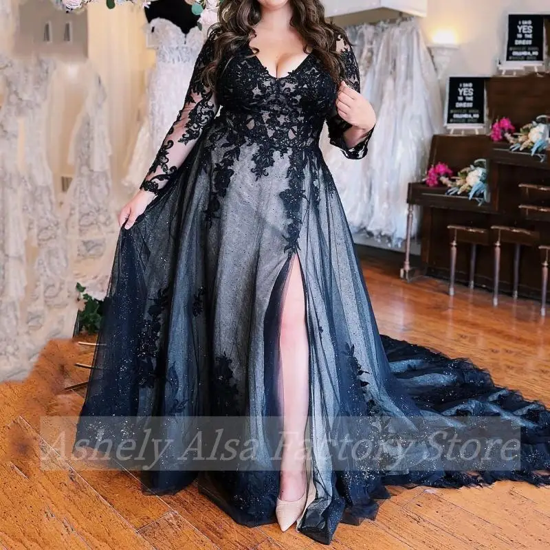 Dostosowane suknie wieczorowe Plus Size z długim rękawem V Neck Lace Applique A Line Women Mother's Wedding Party Formal Occasion Gown