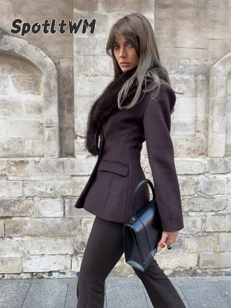 Burgundy Wool Fur Collar Single Button Fitted Blazer Jackets Elegant Women Long Sleeve Pocket Outerwear 2026 Autumn Office Coats