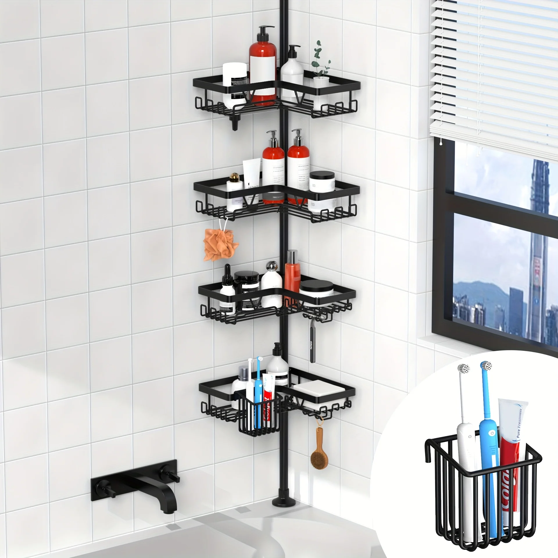 

A Corner Shower Storage Rack for The Bathroom, Designed to Resist Rust And Slipping, Featuring a Toothbrush Holder And a Tension Rod. It'S Straightforward to Set Up And Ideal for Organizing And Storing Items in Bathrooms And Shower Areas