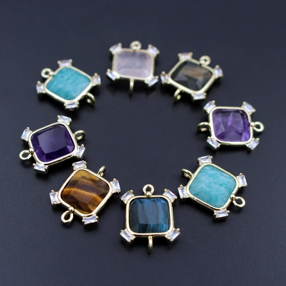 10pcs Jewelry Accessories Natural Gem Amazonite Labradorite Stone CZ Pendant Square Connectors DIY for Chain Neckalce Making