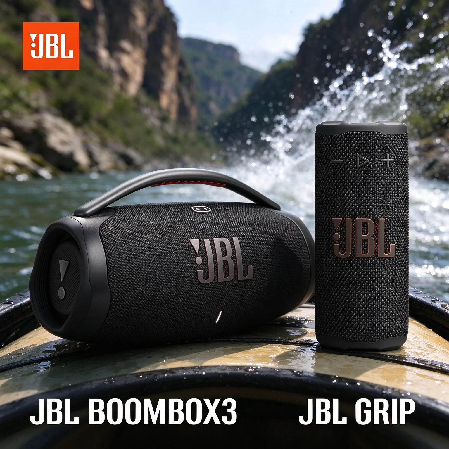 JBL BOOMBOX3 & GRIP Bluetooth Speaker Combo, IP67 & IP68 Rated, PartyBoost, Light-Up GRIP for Beach & Camping Parties