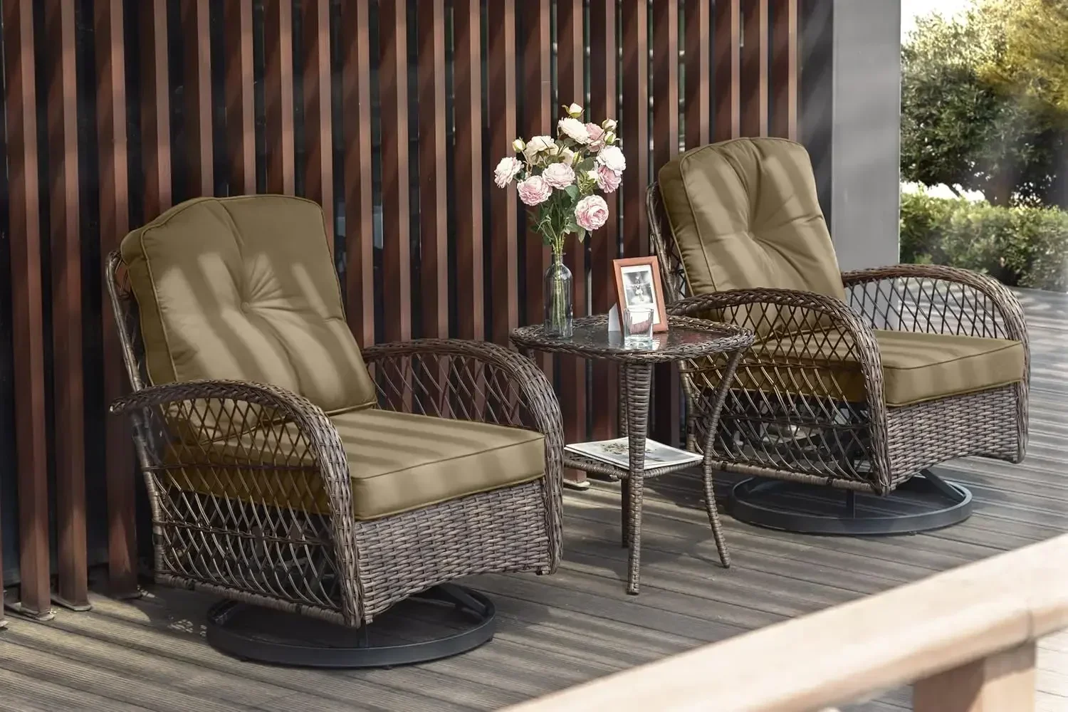 

3 Pieces Patio Furniture Set, Outdoor Swivel Glider Rocker, Wicker Patio Bistro Set with Rocking Chair, Cushions