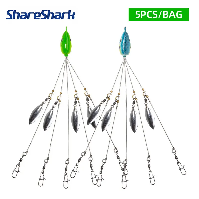 ShareShark 5 Stück/Beutel Alabama Umbrella Rig Köder mit 4 Spinnern Angelköder Edelstahl-Snap-Wirbel Offshore-Angelausrüstung